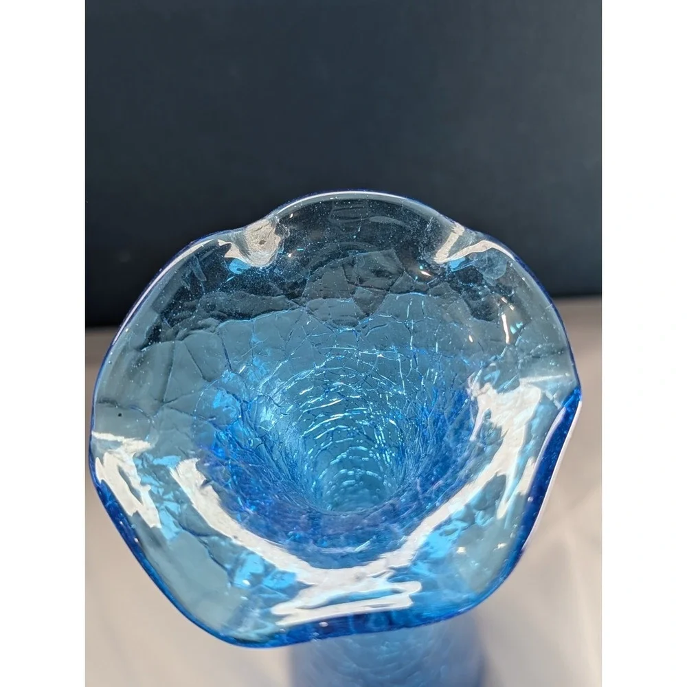 Mid Century Blue Crackle Glass Vase | Ruffled Tri Corner Blown Glass
